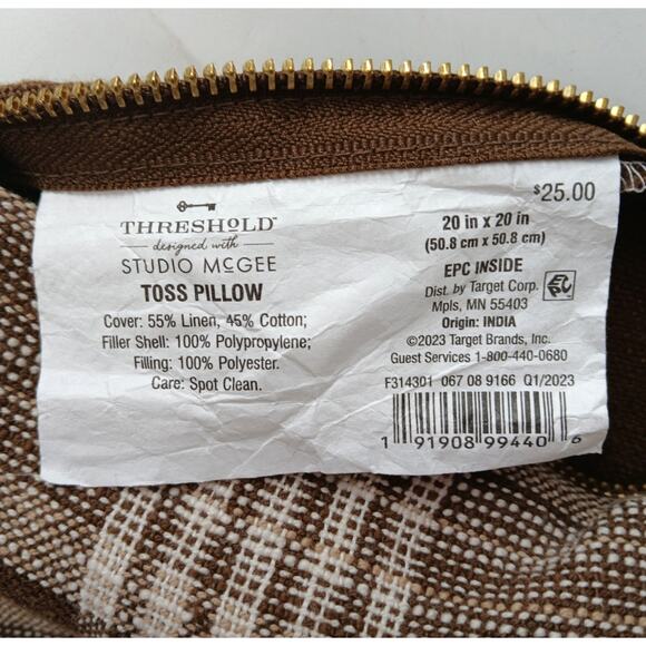 Threshold Studio McGee Linen Blend Toss Pillow Cover Brown Check Plaid 20"x20" - Picture 4 of 4